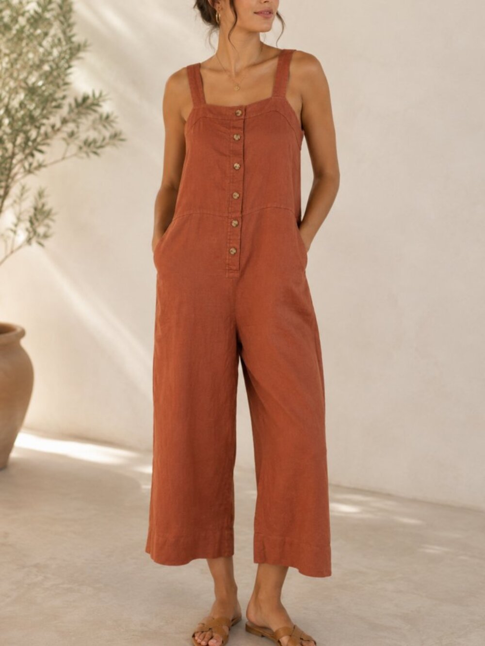 Everlane Terracotta Linen Picnic Wide Leg Jumpsuit 12 Minimalist Coastal EUC